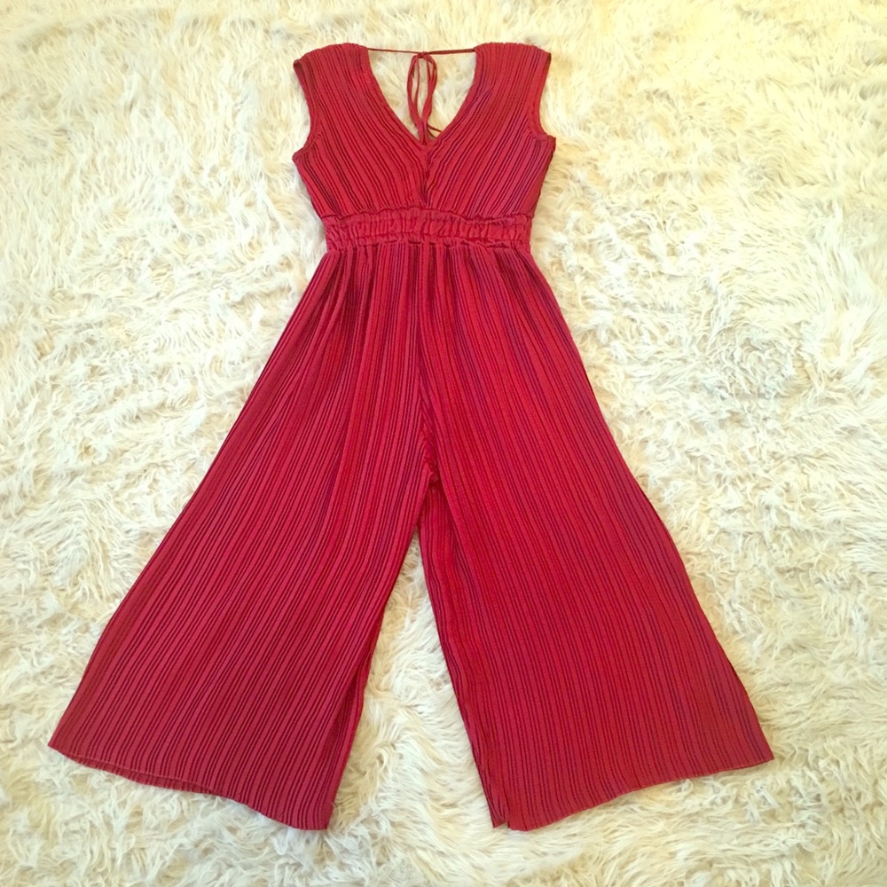 Red Wide Leg Pants Jumpsuit - Holiday Wear